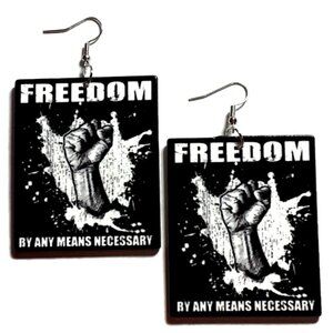 FREEDOM Power Fist Rectangle Statement Dangle Wood Earrings
